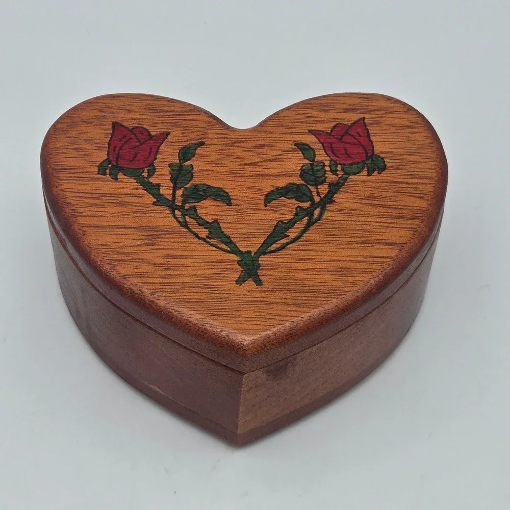 Vintage Handmade Heart Shaped Wood Trinket Box Rose Details Felt Lined Cottage